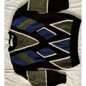 Vintage Bramble Lane Geometric Knit Sweater Green Blue Black